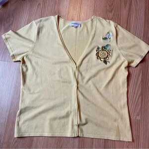 Studio I yellow floral embroidered short sleeve silk blend cardigan grandma core